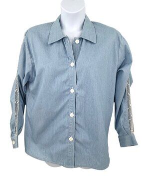Vintage Talk Of The Walk Blue & White Chambray Button-Up Shirt With Lace Sleeve